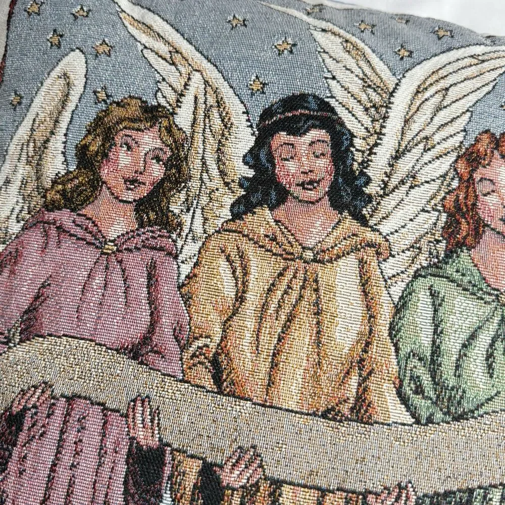 Vintage Martha Stewart Tapestry Throw Pillow 3 Angels Blue 15” Square